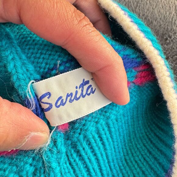 Vintage Sarita 100% Virgin Wool Teal Blue Long Sleeve Knit Sweater Women Size 7 - Picture 5 of 8